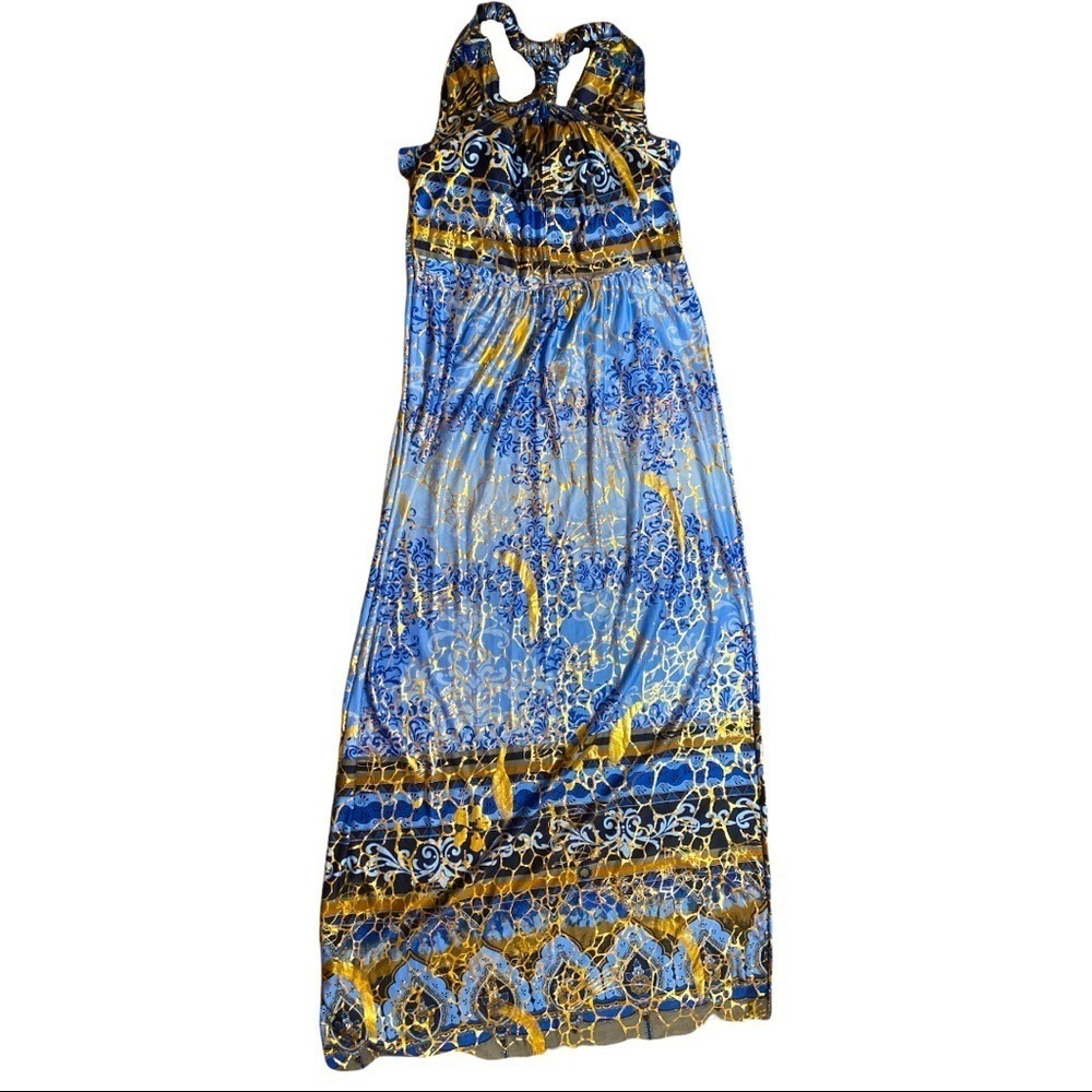Maxi Dress Halter Blue Brown Floral Sleeveless‎ Evening Party Cocktail S/M - Picture 9 of 11